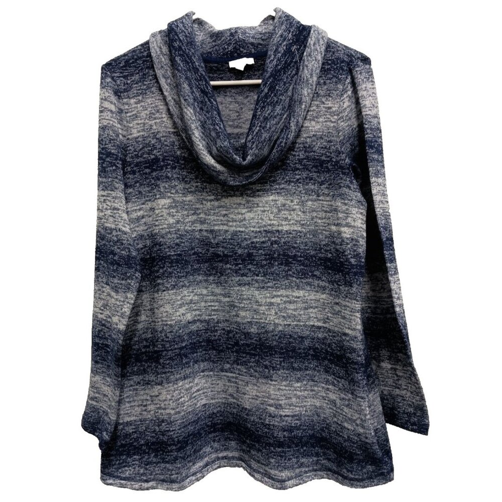 T by Talbots Womens Tunic Top Medium Blue Ombre‎ Striped Cowl Neck Long Sleeve